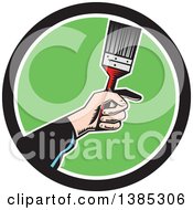 Clipart Of A Retro Woodcut Caucasian Painters Hand Holding A Paintbrush In A Black White And Green Circle Royalty Free Vector Illustration