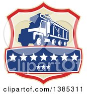Poster, Art Print Of Retro Triple Axle Dump Truck In A Tan Red White And Blue Shield With Stars