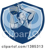 Poster, Art Print Of Retro Black Male Basketball Player Doing A Layup In A Blue And White Shield