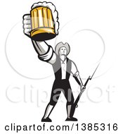 Clipart Of A Retro Male American Patriot Toasting With A Beer Mug And Holding A Bayonet Royalty Free Vector Illustration