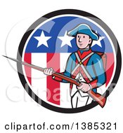 Retro Cartoon American Revolutionary Soldier Marching With A Rifle In A Patriotic Circle