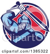 Clipart Of A Retro Mongol Horde Barbarian Warrior Wielding A Sword In A Blue White And Red Circle Royalty Free Vector Illustration