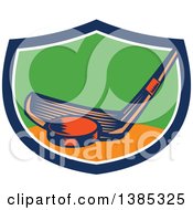 Poster, Art Print Of Retro Woodcut Hockey Stick And Puck In A Blue White Orange And Green Shield