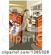 Poster, Art Print Of Retro Wanted Outlaw Cowboy Robber In A Store Holding A Money Bag And Someone Watching