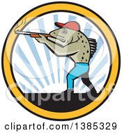 Poster, Art Print Of Retro Sea Trout Fish Man Hunter Shooting A Shotgun Over A Sunset In A Circle