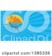 Poster, Art Print Of Scuba Diver Near A Mountainous Tropical Island And Blue Rays Background Or Business Card Design