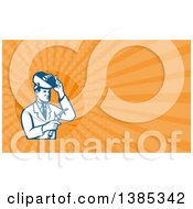 Poster, Art Print Of Retro Male Scientist Using A Welder And Orange Rays Background Or Business Card Design