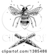 Clipart Of A Black And White Bee Over Fountain Pen Nibs Royalty Free Vector Illustration by lineartestpilot