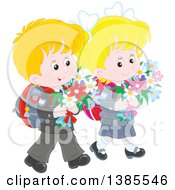 Thoughtful Boy And Girl Walking With Backpacks And Carrying Flowers