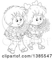 Black And White Lineart Thoughtful Boy And Girl Walking With Backpacks And Carrying Flowers