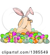 Poster, Art Print Of Happy White Man Wearing Bunny Ears And Popping Out Of A Pile Of Decorated Easter Eggs