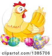 Poster, Art Print Of Yellow Hen Chicken Surrounded With Decorated Easter Eggs