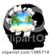 Poster, Art Print Of Black Silhouetted Mans Head Thinking Of Vacation With A Hole Showing A 3d Tropical Beach