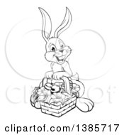 Clipart Of A Black And White Lineart Happy Easter Bunny Rabbit With A Basket Of Eggs And Flowers Royalty Free Vector Illustration