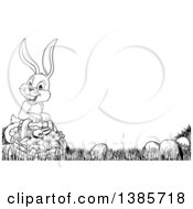 Poster, Art Print Of Cartoon Black And White Lineart Easter Bunny Rabbit With A Basket Of Eggs And Flowers In The Grass With Text Space