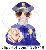 Tough And Angry White Male Police Officer Wearing Sunglasses And Pointing Outwards