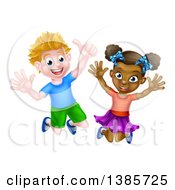 Poster, Art Print Of Cartoon Happy Excited White Boy And Black Girl Jumping