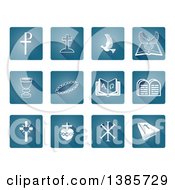 Clipart Of White Christian Icons On Blue Square Tiles Royalty Free Vector Illustration by AtStockIllustration