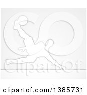 Clipart Of A White Silhouetted Male Soccer Player Diving To Kick A Ball Over Gray Royalty Free Vector Illustration