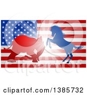 Silhouetted Political Aggressive Democratic Donkey Or Horse And Republican Elephant Battling Over An American Flag And Burst