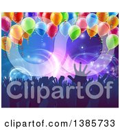 Poster, Art Print Of Crowd Of Silhouetted People Hands Over Neon Lights On Blue With Party Balloons