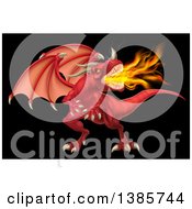 Poster, Art Print Of Fierce Angry Red Fire Breathing Dragon With A Horned Nose On Black