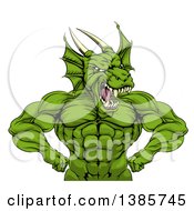 Poster, Art Print Of Cartoon Roaring Green Muscular Dragon Man Flexing From The Waist Up