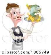 White Male Waiter With A Curling Mustache Holding Fish And A Chips On A Tray And Pointing