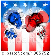 Cartoon Political Aggressive Democratic Donkey Or Horse And Republican Elephant Shredding Through An American Flag And Burst
