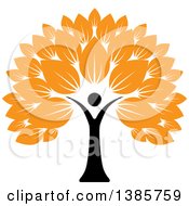 Clipart Of A Black Silhouetted Person Forming The Trunk Of A Tree With Orange Leaves Royalty Free Vector Illustration