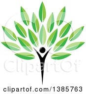 Clipart Of A Black Silhouetted Person Forming The Trunk Of A Tree With Green Leaves Royalty Free Vector Illustration