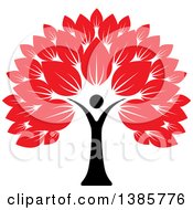 Clipart Of A Black Silhouetted Person Forming The Trunk Of A Tree With Red Leaves Royalty Free Vector Illustration