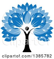 Clipart Of A Black Silhouetted Person Forming The Trunk Of A Tree With Blue Leaves Royalty Free Vector Illustration