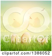 Poster, Art Print Of 3d Gold Easter Eggs In Grass Against A Park At Sunset With Flying Birds