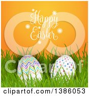 Poster, Art Print Of Happy Easter Greeting Over Patterned Eggs In Grass On Orange
