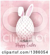 Poster, Art Print Of Happy Easter Greeting Under A Polka Dot Egg With Bunny Ears On Pink Watercolor
