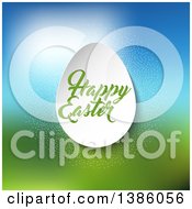 Poster, Art Print Of Happy Easter Greeting On A 3d Paper Egg Over Blurred Grass And Sky