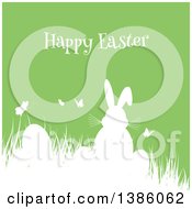 Poster, Art Print Of White Silhouetted Bunny Rabbit With Butterflies And Eggs In Grass Over Green
