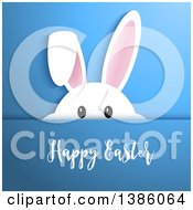 Poster, Art Print Of White Bunny Rabbit Peeking Over Blue With Happy Easter Text