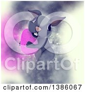 Poster, Art Print Of 3d Cute Gray Bunny Rabbit Carrying A Pink Easter Egg On A Dreamy Background