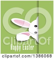Clipart Of A White Bunny Rabbit Peeking Over Green With Happy Easter Text Royalty Free Vector Illustration