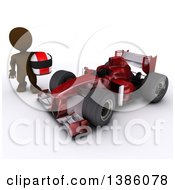 Poster, Art Print Of 3d Brown Man Driver Holding A Helmet By A Forumula One Race Car On A White Background