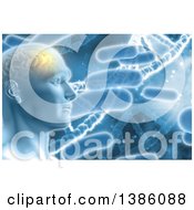 Poster, Art Print Of 3d Male Human Head With Visible Glowing Brain Over Bacteria And Dna Strands