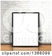Poster, Art Print Of Blank Frame Leaning Against A White Brick Wall On A Wood Floor