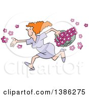Clipart Of A Happy Red Haired Caucasian Matronly Maiden Woman Tossing Up Flowers Royalty Free Vector Illustration