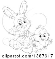 Poster, Art Print Of Black And White Lineart Cute Easter Bunny Rabbit And Chick