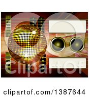 Poster, Art Print Of 3d Air Guitar And Gold Disco Ball Over Music Speakers Waves Flares And Tags