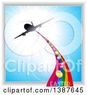 Clipart Of A Silhouetted Airplane Flying Against A Sunny Blue Sky With A Trail Of Easter Eggs Text And A Rainbow Royalty Free Vector Illustration