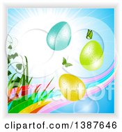 Poster, Art Print Of Sunny Blue Sky With Butterflies A Transparent Rainbow Wave Plants And 3d Easter Eggs