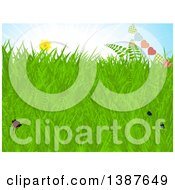 Poster, Art Print Of Background Of Spring Grass Sunny Blue Sky Flowers And A Heart Bunting Banner